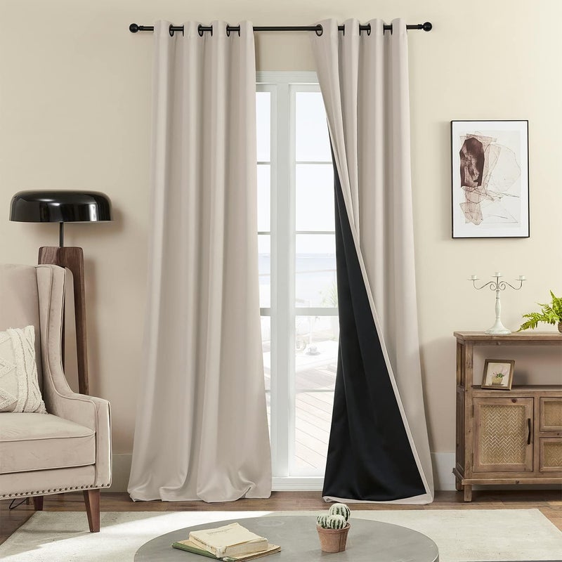 Rutterllow 100% Blackout Curtains, Full Shade 90 Inches Long Complete Blackout Drapes for Living Room, Beige Thermal Insulated Bedroom Window Treatment Drapes (2 Panels,52 x 90 inch) - Image 1